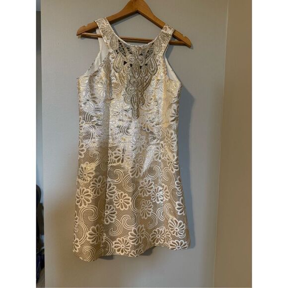 Lilly Pulitzer Size 10 Largo Shift Dress Gold Metallic Flower Jacquard Cocktail - Picture 3 of 15